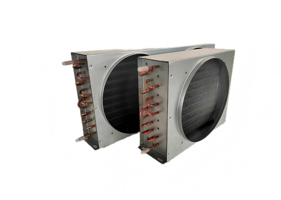 Cubo de condensador de aleta de aluminio de tubo de cobre personalizado con intercambiador de calor de tapa de ventilador